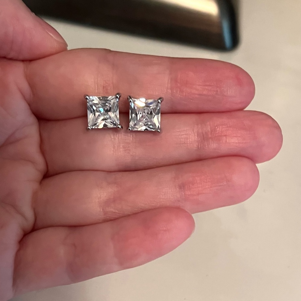 Silver Diamond Princess Cut Stud Earrings - Picture 4 of 6